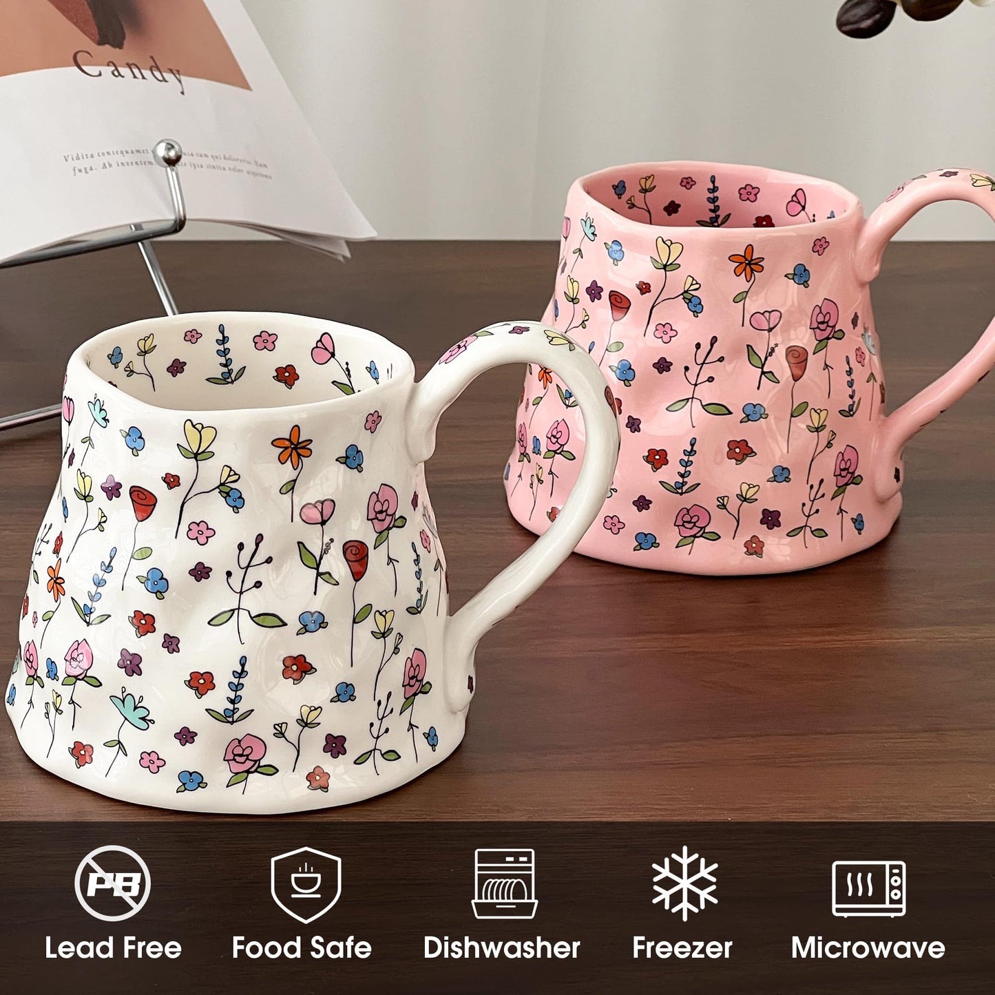 Large Ceramic Coffee Mug Pink Cute Flower with Handmade Big Handle, 20oz Girly Floral Tea Cup for Women Mothers Day Gifts, Novelty Irregular Oversized Mugs for Latte Tea Milk Cocoa