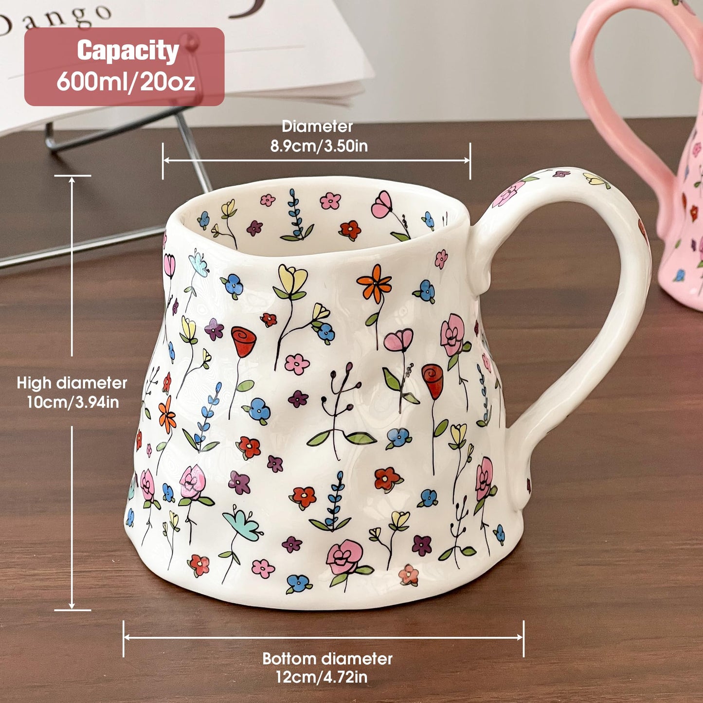 Large Ceramic Coffee Mug Pink Cute Flower with Handmade Big Handle, 20oz Girly Floral Tea Cup for Women Mothers Day Gifts, Novelty Irregular Oversized Mugs for Latte Tea Milk Cocoa