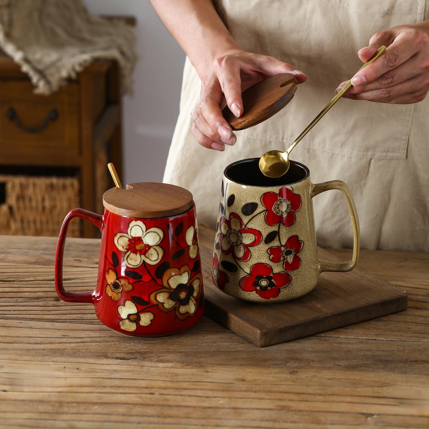 DRNKNSTX 24oz/710ml Large Ceramic Coffee Mug with Handle,Hand Painted Vintage Floral Big Coffee Cup,Tall Tea Cup for Office and Home,Extra Large Ceramic Coffee Mug,Microwave and Dishwasher Safe