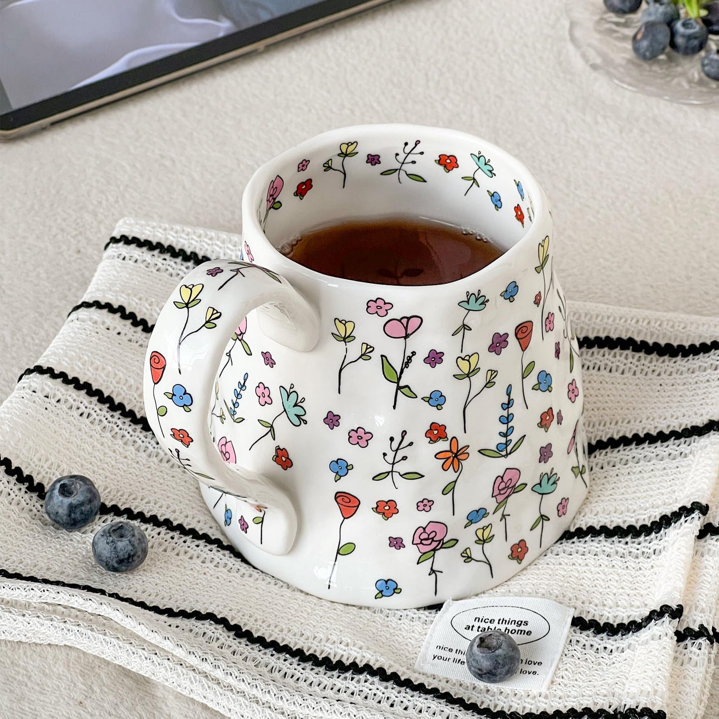 Large Ceramic Coffee Mug Pink Cute Flower with Handmade Big Handle, 20oz Girly Floral Tea Cup for Women Mothers Day Gifts, Novelty Irregular Oversized Mugs for Latte Tea Milk Cocoa