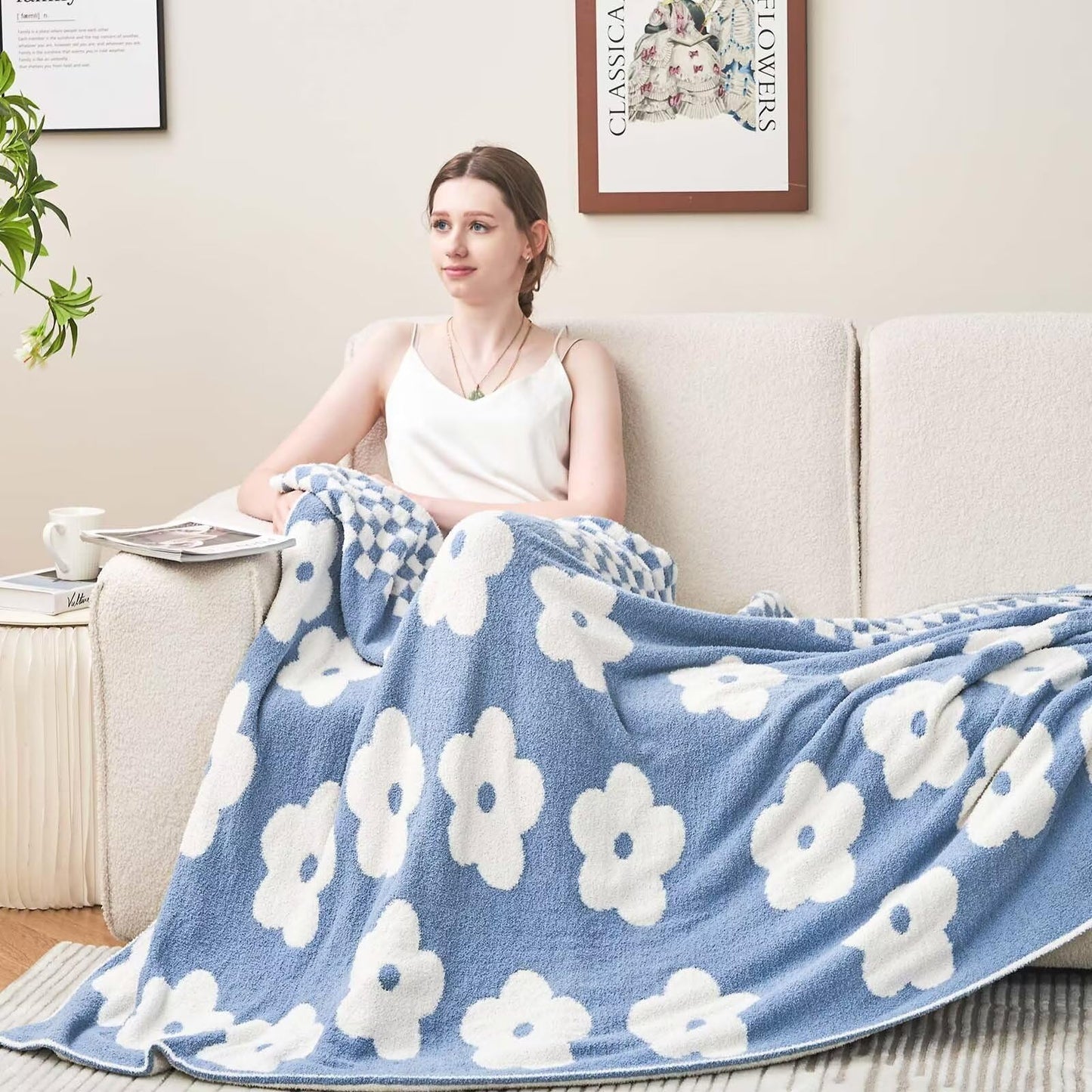 XIBLC Checkered Throw Blanket, Dusty Blue Super Soft Knit Breathable Throw Blanket, Cozy Fluffy Reversible Checkerboard Flower Fuzzy Blanket for Couch Sofa Bed Living Room Decor 50 x 60 inch