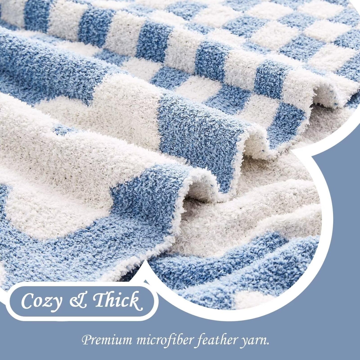 XIBLC Checkered Throw Blanket, Dusty Blue Super Soft Knit Breathable Throw Blanket, Cozy Fluffy Reversible Checkerboard Flower Fuzzy Blanket for Couch Sofa Bed Living Room Decor 50 x 60 inch