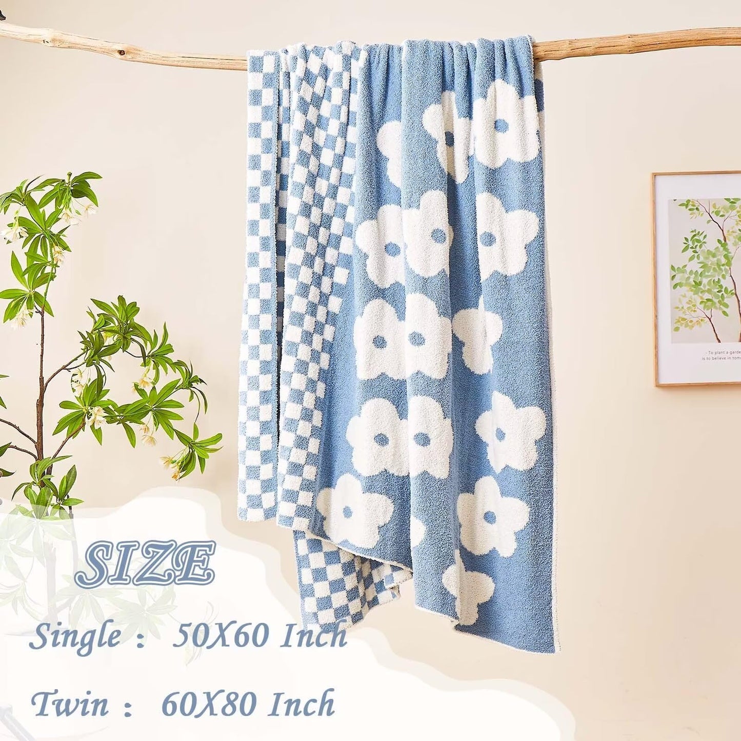 XIBLC Checkered Throw Blanket, Dusty Blue Super Soft Knit Breathable Throw Blanket, Cozy Fluffy Reversible Checkerboard Flower Fuzzy Blanket for Couch Sofa Bed Living Room Decor 50 x 60 inch