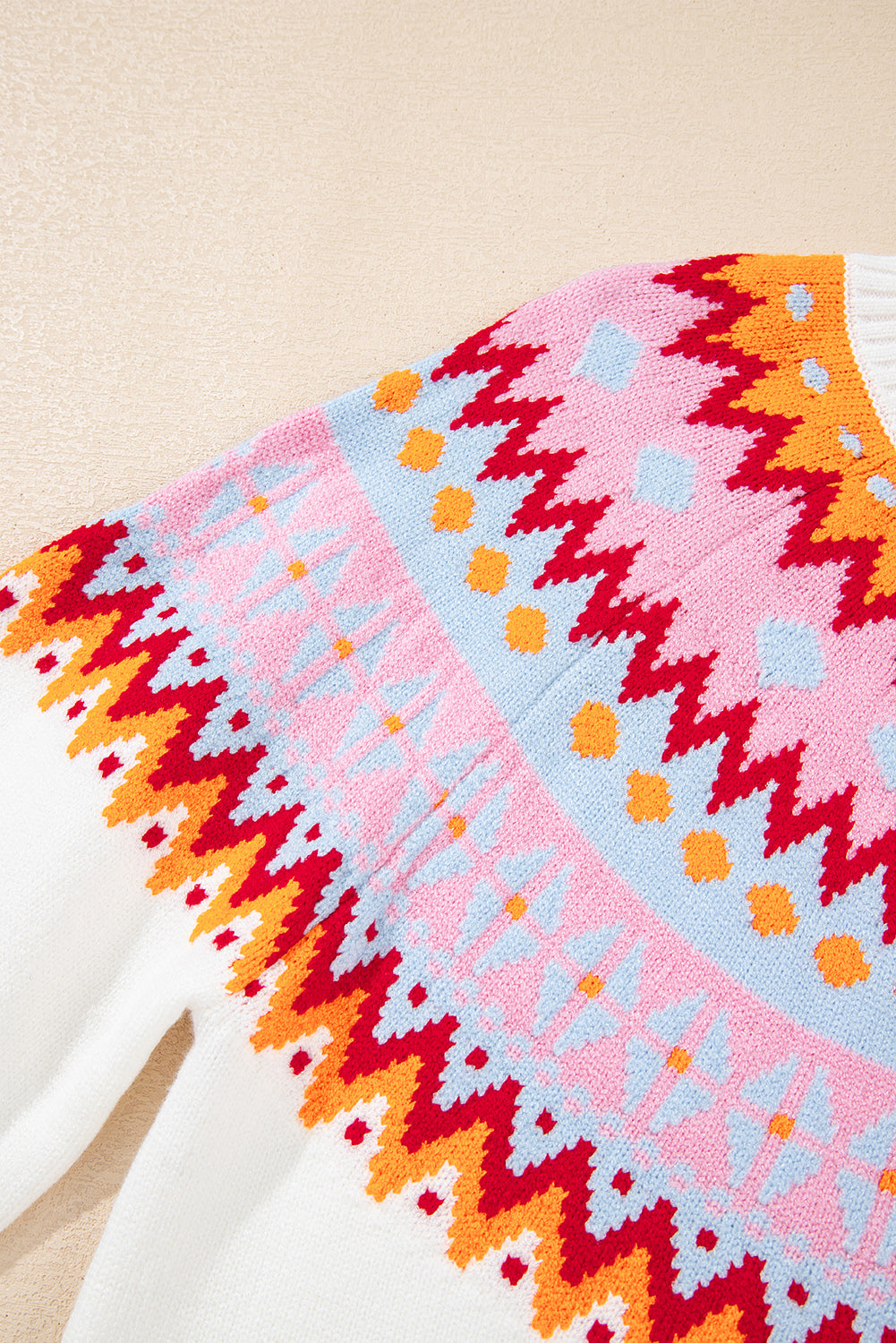 White Ethnic Geometric Colorblock Pattern Drop Shoulder Sweater