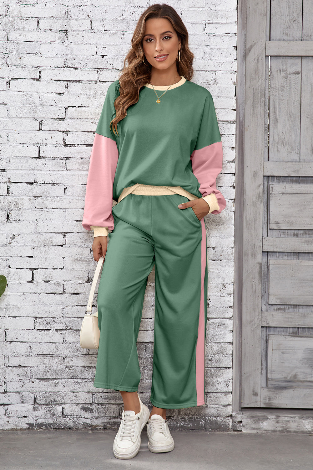 Rose Red 2pcs Color Block Pullover Loose Pant Set