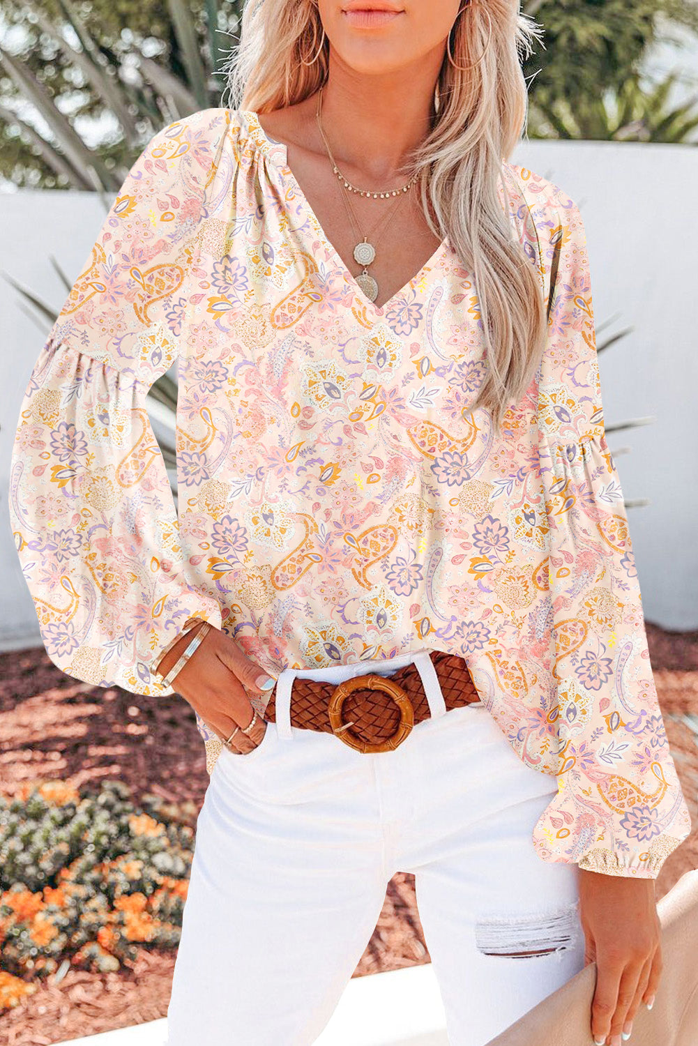Orange Floral Print V Neck Long Puff Sleeve Top
