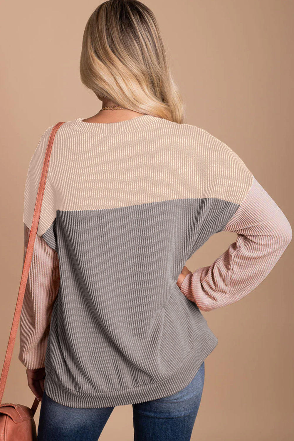 Green Color Block Long Sleeve Ribbed Loose Top
