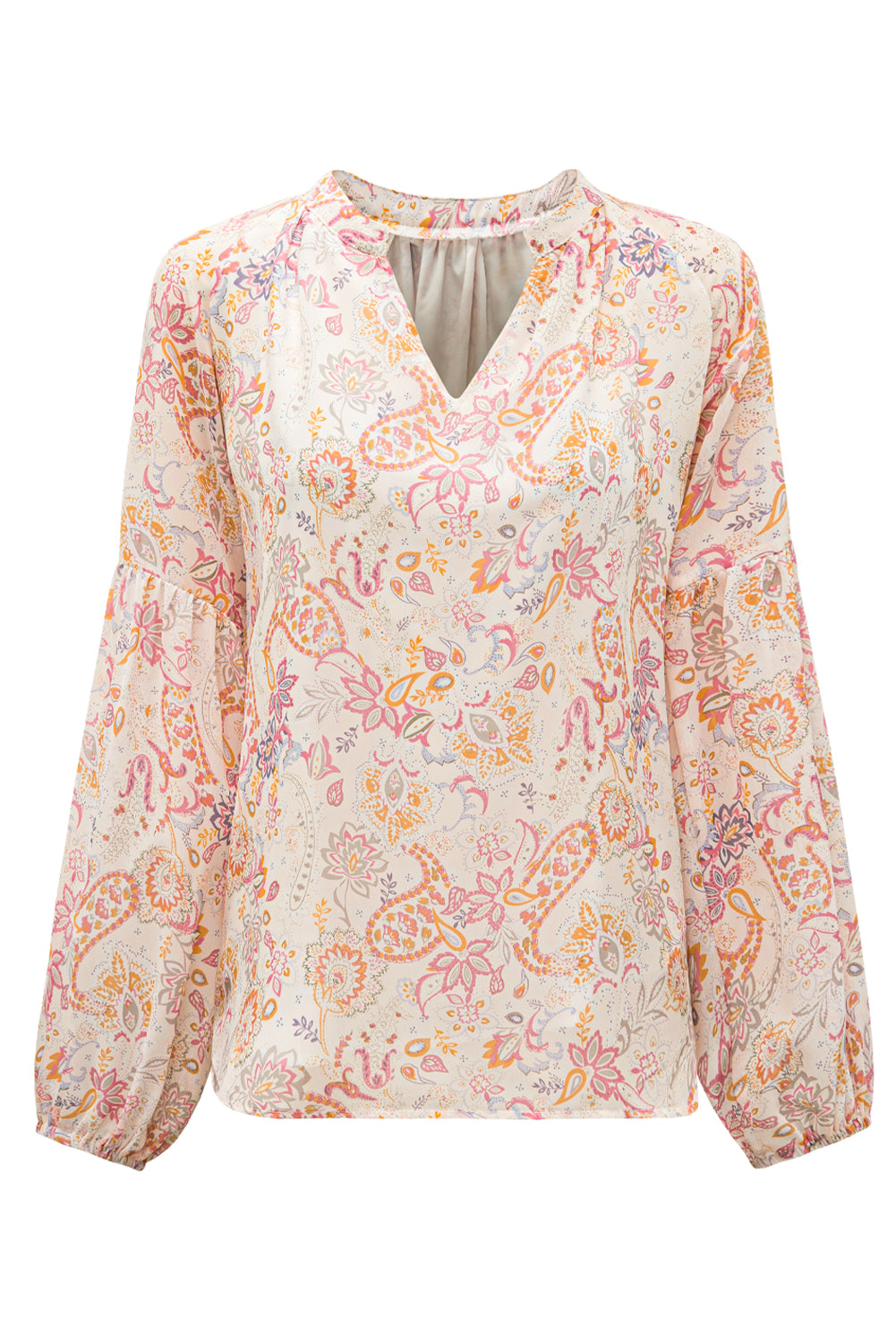Orange Floral Print V Neck Long Puff Sleeve Top