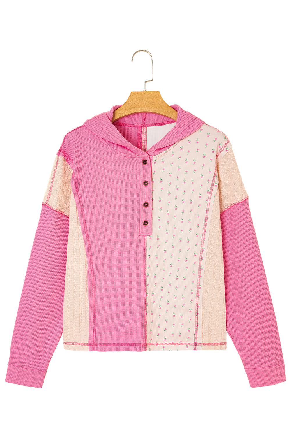 Pink Mixed Texture Waffle Floral Patchwork Hooded Oversized Pullover Top