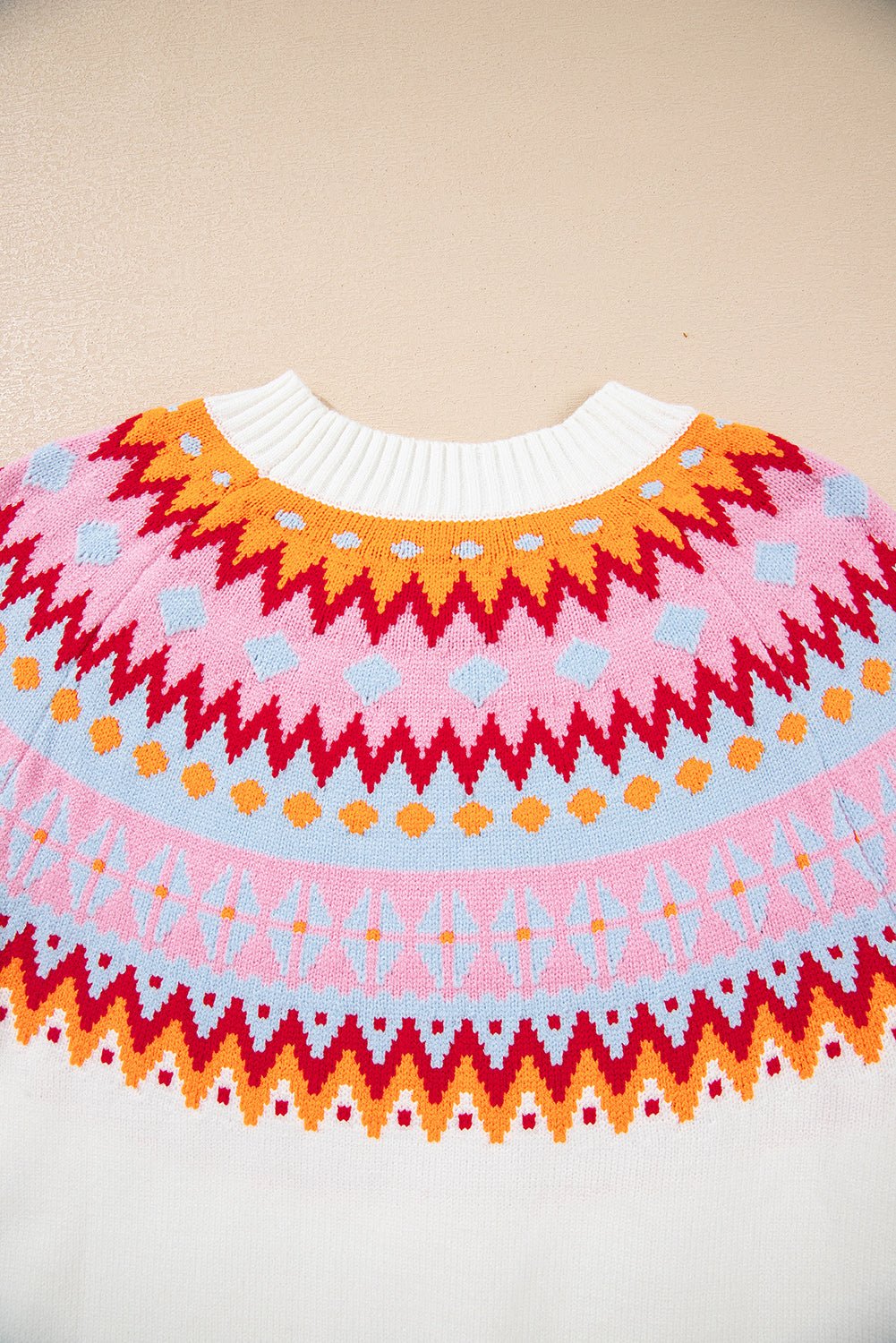 White Ethnic Geometric Colorblock Pattern Drop Shoulder Sweater