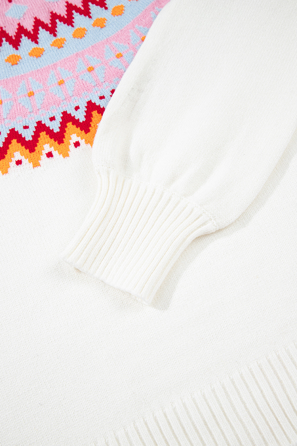 White Ethnic Geometric Colorblock Pattern Drop Shoulder Sweater