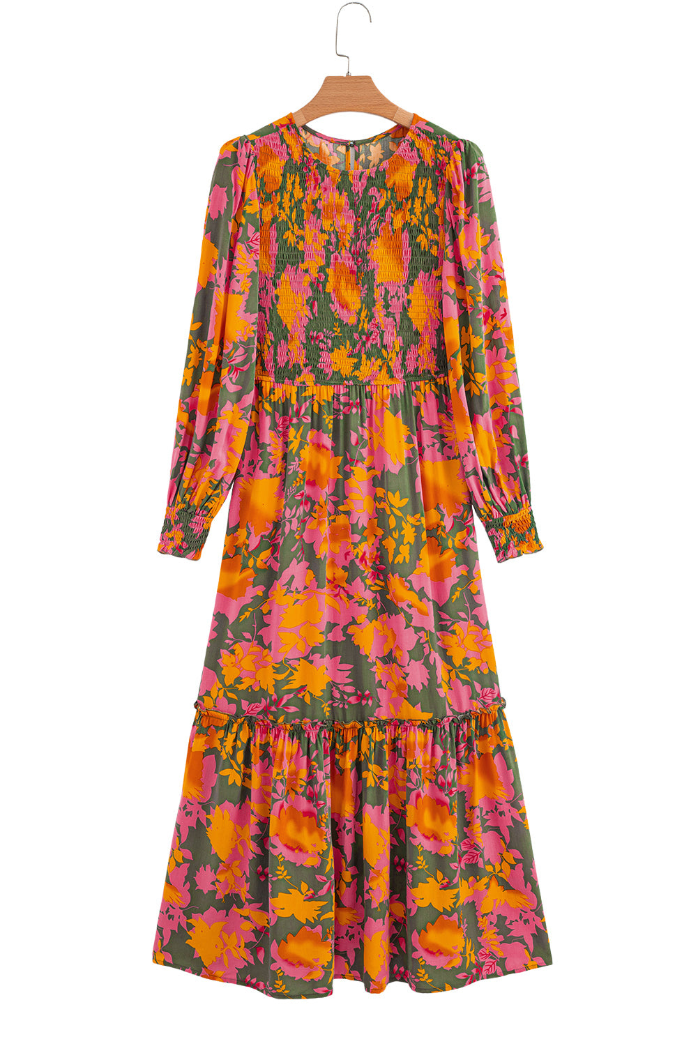 Orange Floral Puff Sleeve Smocked Bodice Frill Tiered Dress