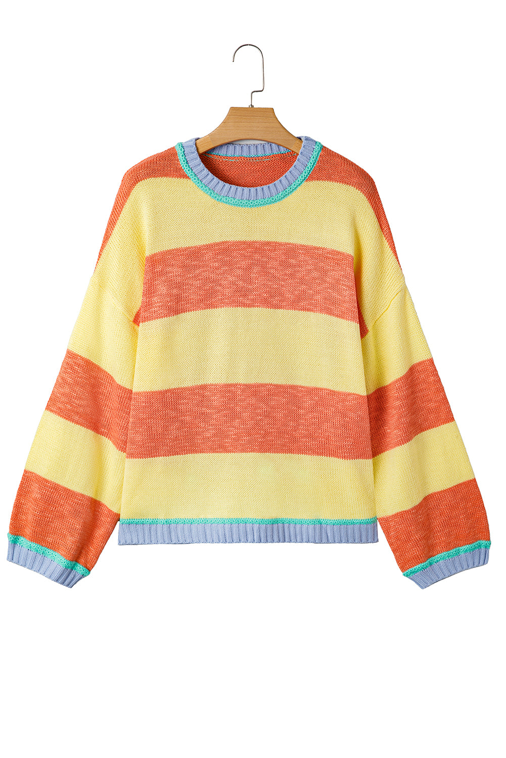 Yellow Stripe Contrasting Trim Round Neck Oversized Sweater