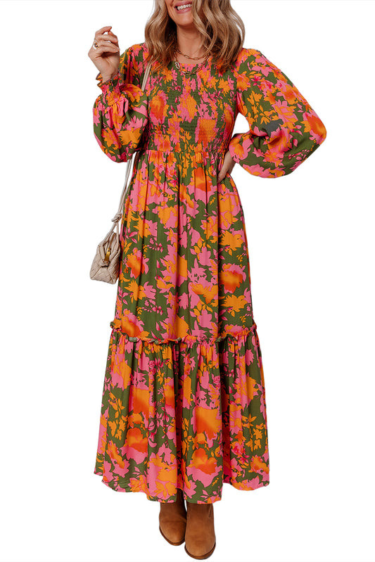Orange Floral Puff Sleeve Smocked Bodice Frill Tiered Dress