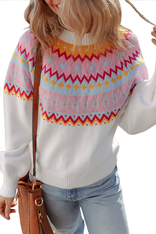 White Ethnic Geometric Colorblock Pattern Drop Shoulder Sweater