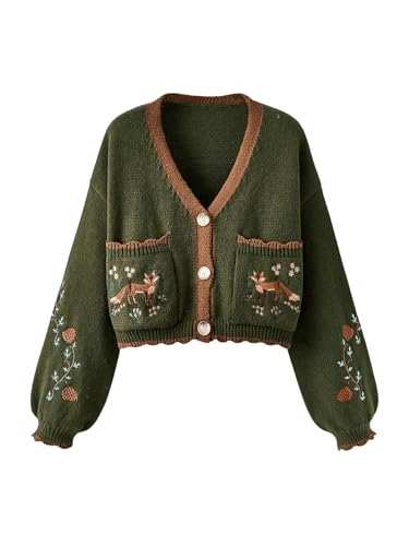 BEAUDRM Women's Flower Embroidery Cardigans Sweaters Long Sleeve Button Down Knitted Loose Outwear Multicolor XX-Small