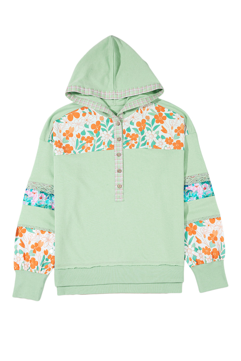 Clearly Aqua Lace Floral Patchwork Hooded Henley Top