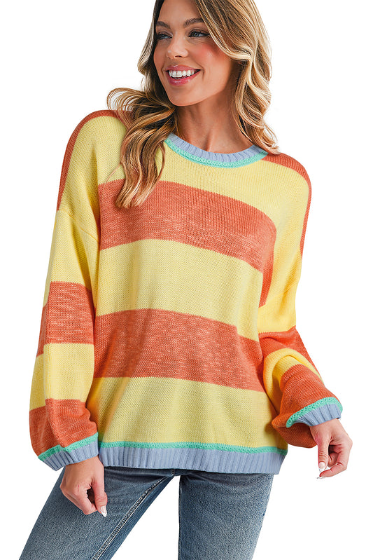 Yellow Stripe Contrasting Trim Round Neck Oversized Sweater