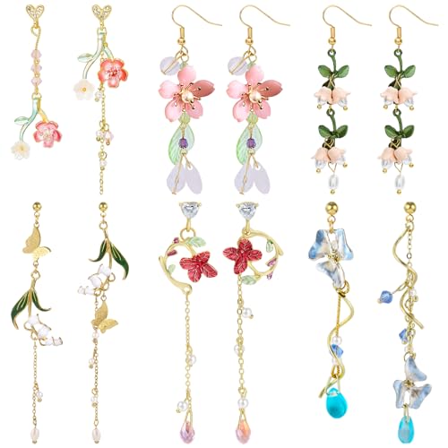 NEWITIN 6 Pairs Flower Earrings for Women Hypoallergenic Earring Butterfly Floral Tassel Earring Statement Long Flower Dangle Earrings for Women