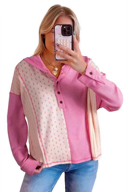 Pink Mixed Texture Waffle Floral Patchwork Hooded Oversized Pullover Top