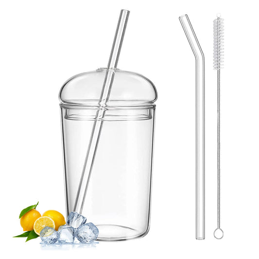 Qancesd Glass Cup with Lid and Straw, 16oz Iced Coffee Cups with Lids, Glass Tumbler with Dome Lid, Glass Tumbler with Straw, Drinking Glasses for Smoothies Juice