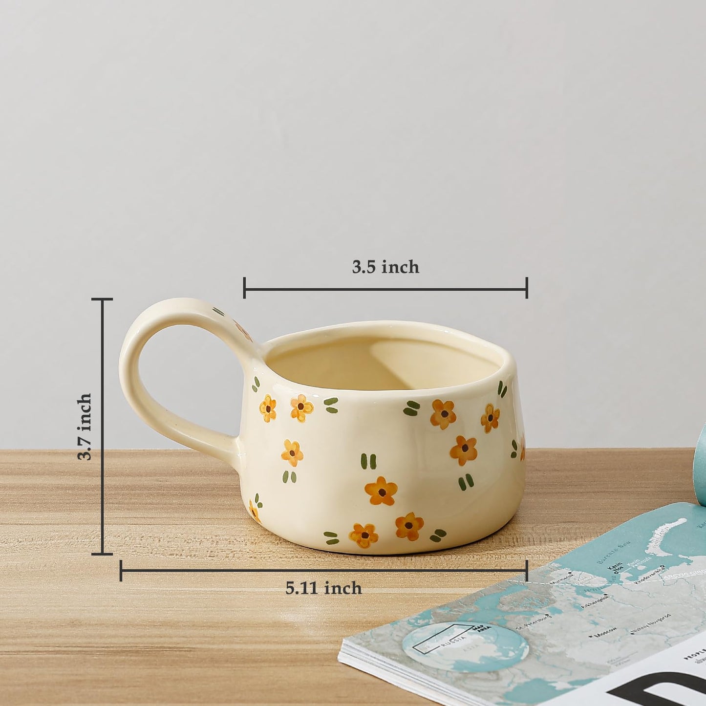Koythin Ceramic Coffee Mug, Aesthetic Funny Mugs for Milk Cocktails Juice Latte Cappuccino, Cute Teacup with Floral Pattern for Afternoon Tea, Espresso Cups for Mom Girl, 8 oz/230 ml (Yellow Flower)