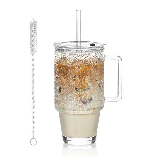 KEMORELA 24 Oz Glass Tumbler with Straw and Lid, Iced Coffee Cups with Lids, Smoothie Cup with Handle, Begonia Pattern Glassware for Cold Drinks, Reusable Tumbler for Beverages (1)