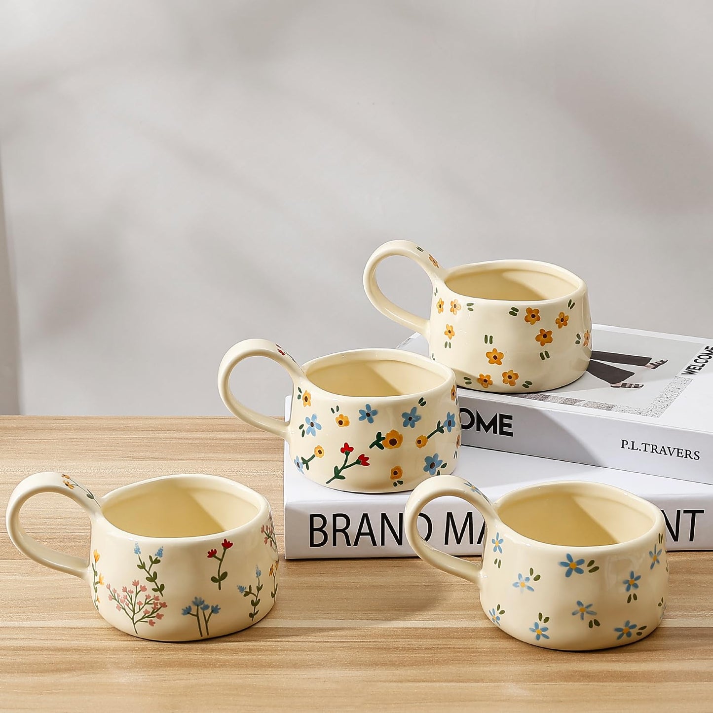 Koythin Ceramic Coffee Mug, Aesthetic Funny Mugs for Milk Cocktails Juice Latte Cappuccino, Cute Teacup with Floral Pattern for Afternoon Tea, Espresso Cups for Mom Girl, 8 oz/230 ml (Yellow Flower)