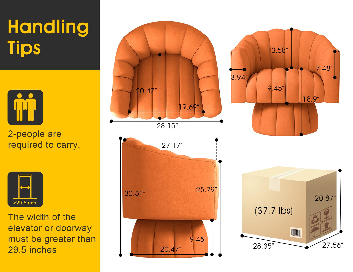 Accent Chair Mid Century 360 Degree Swivel Chair,Modern Lounge Sofa Round Barrel Chair with Wide Upholstered,Fluffy Velvet Fabric Chairs for Home Sofa Living Room/Bedroom/Waiting Room (Orange)