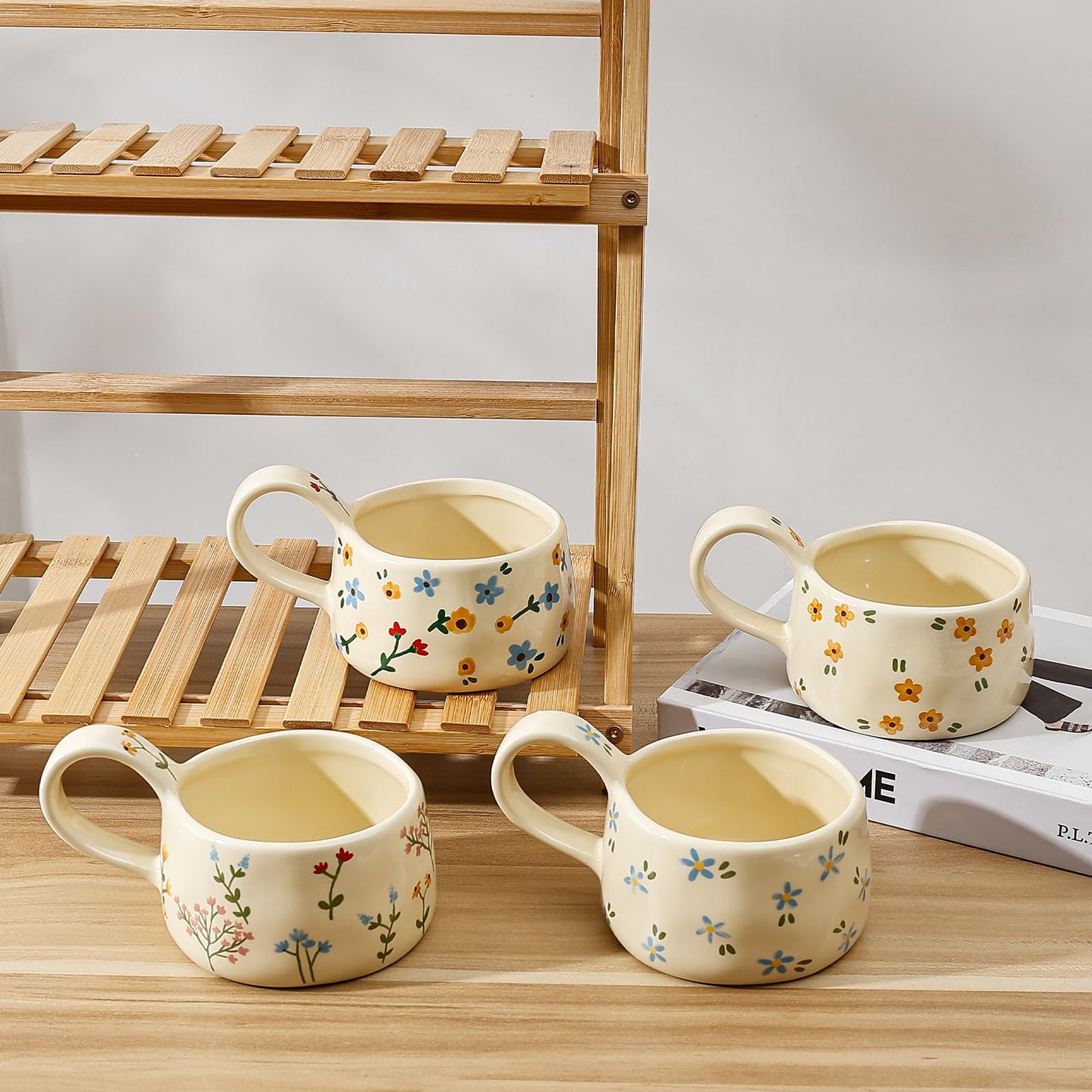 Koythin Ceramic Coffee Mug, Aesthetic Funny Mugs for Milk Cocktails Juice Latte Cappuccino, Cute Teacup with Floral Pattern for Afternoon Tea, Espresso Cups for Mom Girl, 8 oz/230 ml (Yellow Flower)