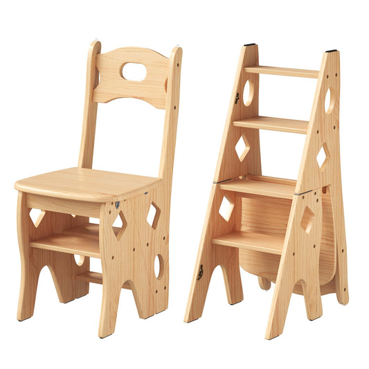 mopam Folding Library Ladder Chair 4 Tier Wooden Foldable Step Ladder Portable Step Stool Chair Display Stand Library Steps Bookshelf Flower Rack for Storage and Decoration