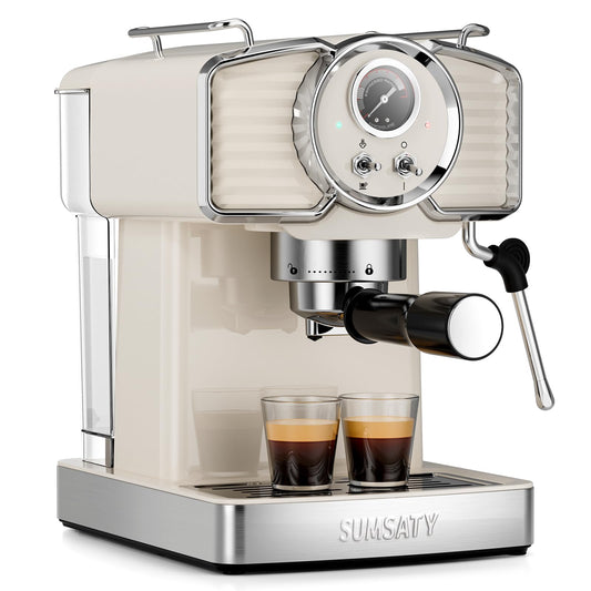 SUMSATY Espresso Machine 20 Bar, Professional Espresso Maker with Milk Frother Steamer Wand, Espresso Coffee Machine Off-white, Cappuccino & Latte Machine for Home, Retro, 1.8L Removable Water Tank
