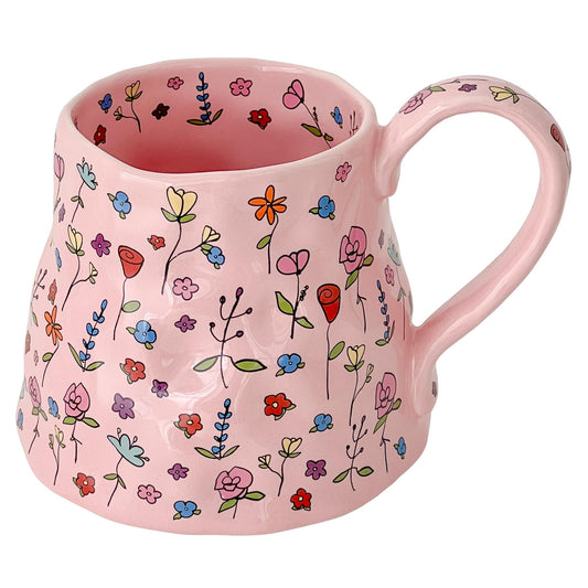 Large Ceramic Coffee Mug Pink Cute Flower with Handmade Big Handle, 20oz Girly Floral Tea Cup for Women Mothers Day Gifts, Novelty Irregular Oversized Mugs for Latte Tea Milk Cocoa