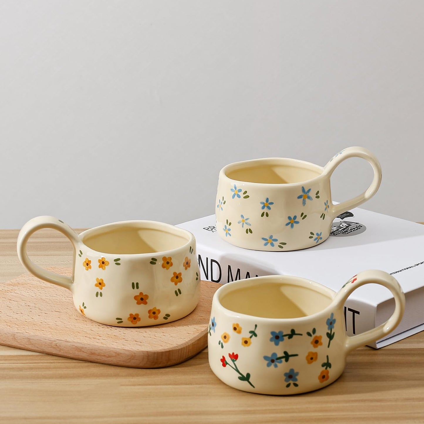 Koythin Ceramic Coffee Mug, Aesthetic Funny Mugs for Milk Cocktails Juice Latte Cappuccino, Cute Teacup with Floral Pattern for Afternoon Tea, Espresso Cups for Mom Girl, 8 oz/230 ml (Yellow Flower)