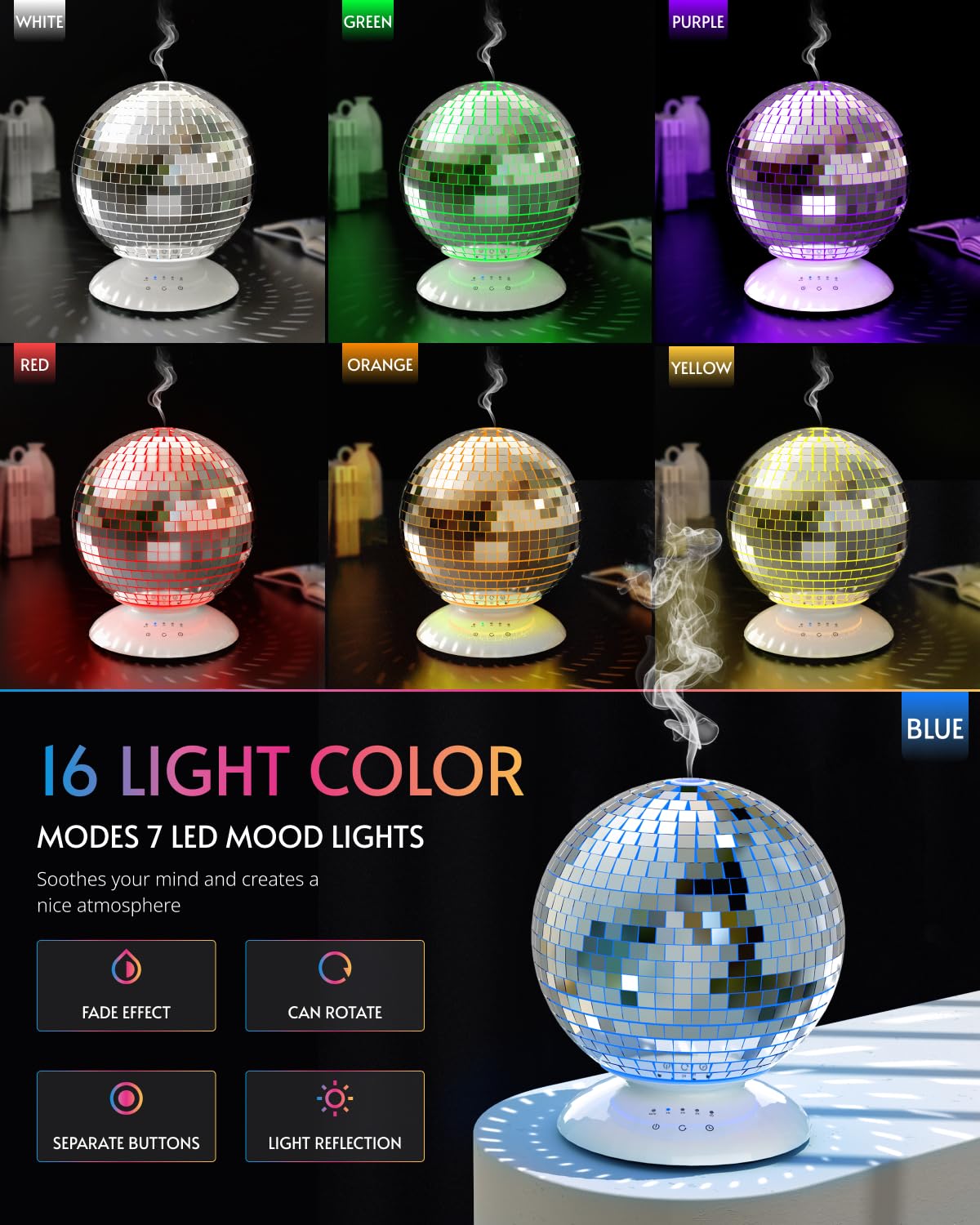 Mirror Essential Oil Diffuser Rotating, 14 Ligth Modes 4 Timer Setting Aromatherapy Diffuser, Cute Home Disco Decor Great Decoration and Accessories for Disco Party, Room, Office