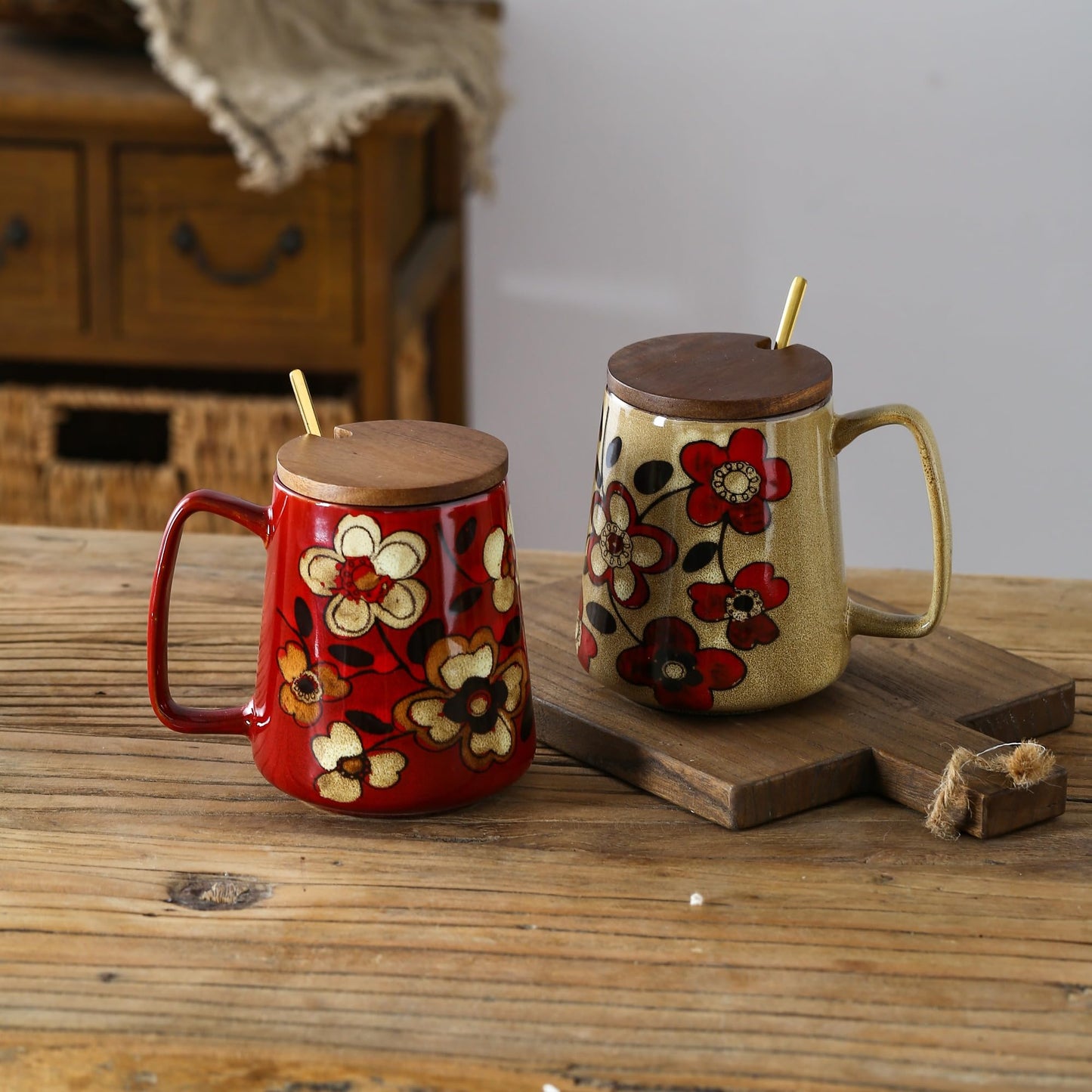 DRNKNSTX 24oz/710ml Large Ceramic Coffee Mug with Handle,Hand Painted Vintage Floral Big Coffee Cup,Tall Tea Cup for Office and Home,Extra Large Ceramic Coffee Mug,Microwave and Dishwasher Safe