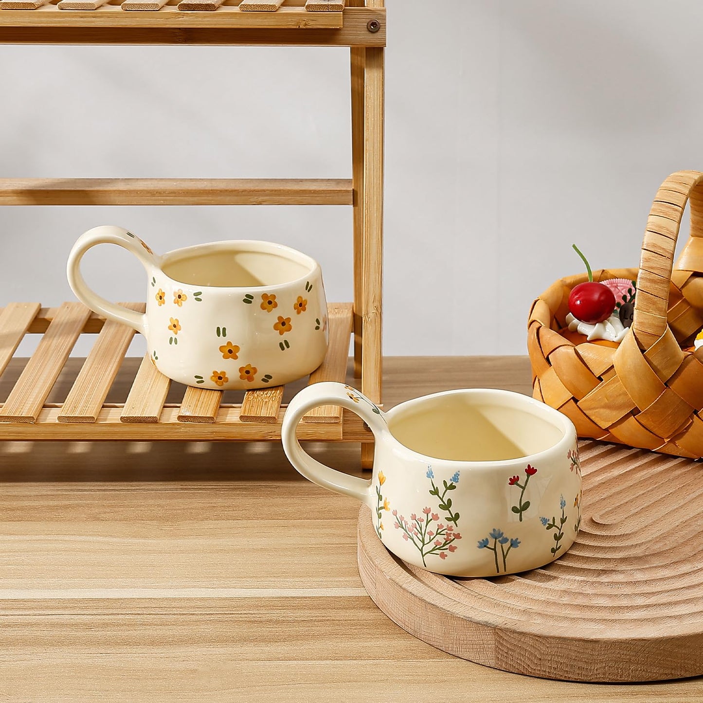 Koythin Ceramic Coffee Mug, Aesthetic Funny Mugs for Milk Cocktails Juice Latte Cappuccino, Cute Teacup with Floral Pattern for Afternoon Tea, Espresso Cups for Mom Girl, 8 oz/230 ml (Yellow Flower)