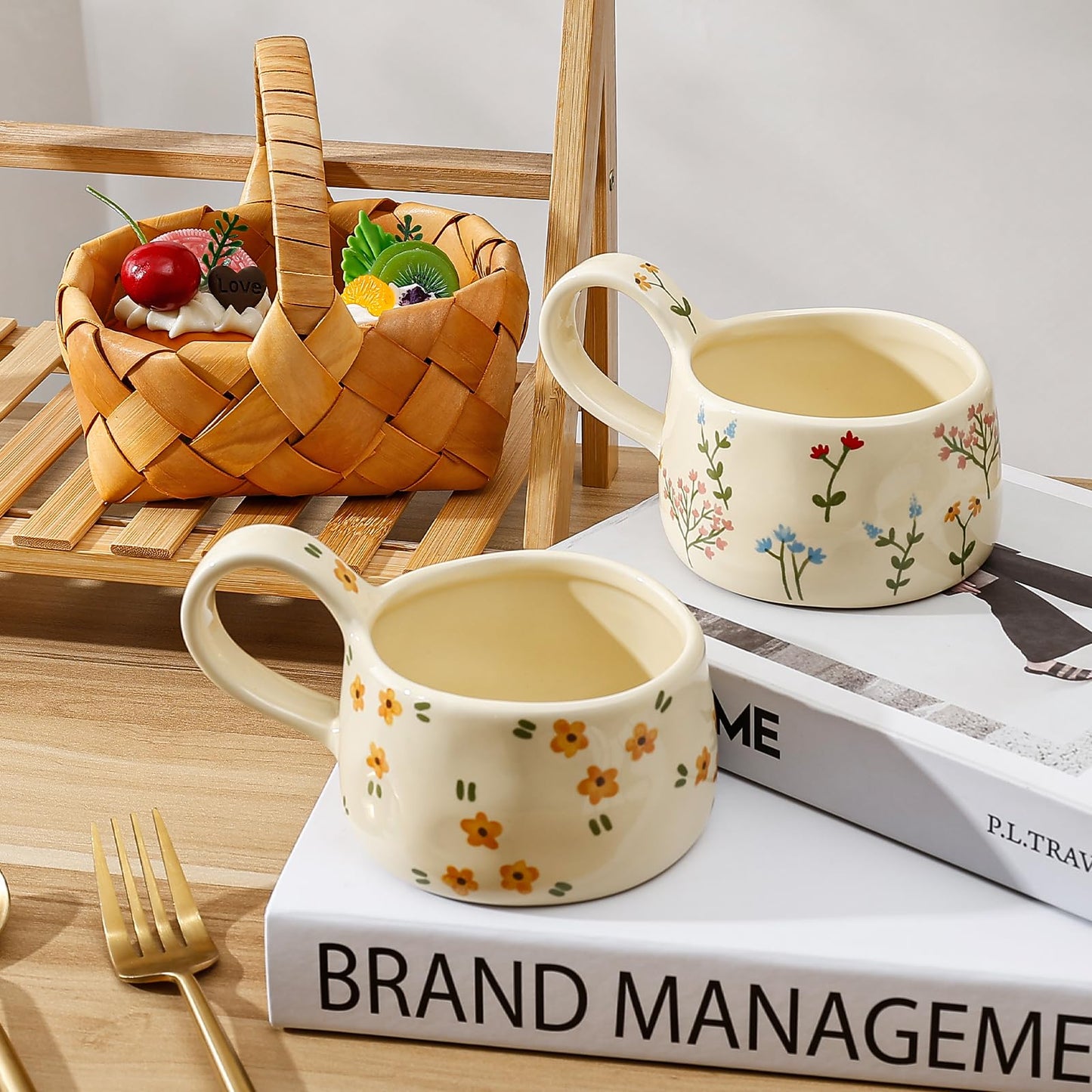 Koythin Ceramic Coffee Mug, Aesthetic Funny Mugs for Milk Cocktails Juice Latte Cappuccino, Cute Teacup with Floral Pattern for Afternoon Tea, Espresso Cups for Mom Girl, 8 oz/230 ml (Yellow Flower)