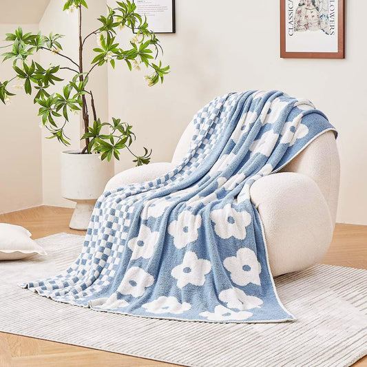 XIBLC Checkered Throw Blanket, Dusty Blue Super Soft Knit Breathable Throw Blanket, Cozy Fluffy Reversible Checkerboard Flower Fuzzy Blanket for Couch Sofa Bed Living Room Decor 50 x 60 inch