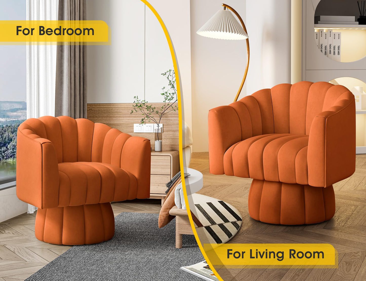 Accent Chair Mid Century 360 Degree Swivel Chair,Modern Lounge Sofa Round Barrel Chair with Wide Upholstered,Fluffy Velvet Fabric Chairs for Home Sofa Living Room/Bedroom/Waiting Room (Orange)