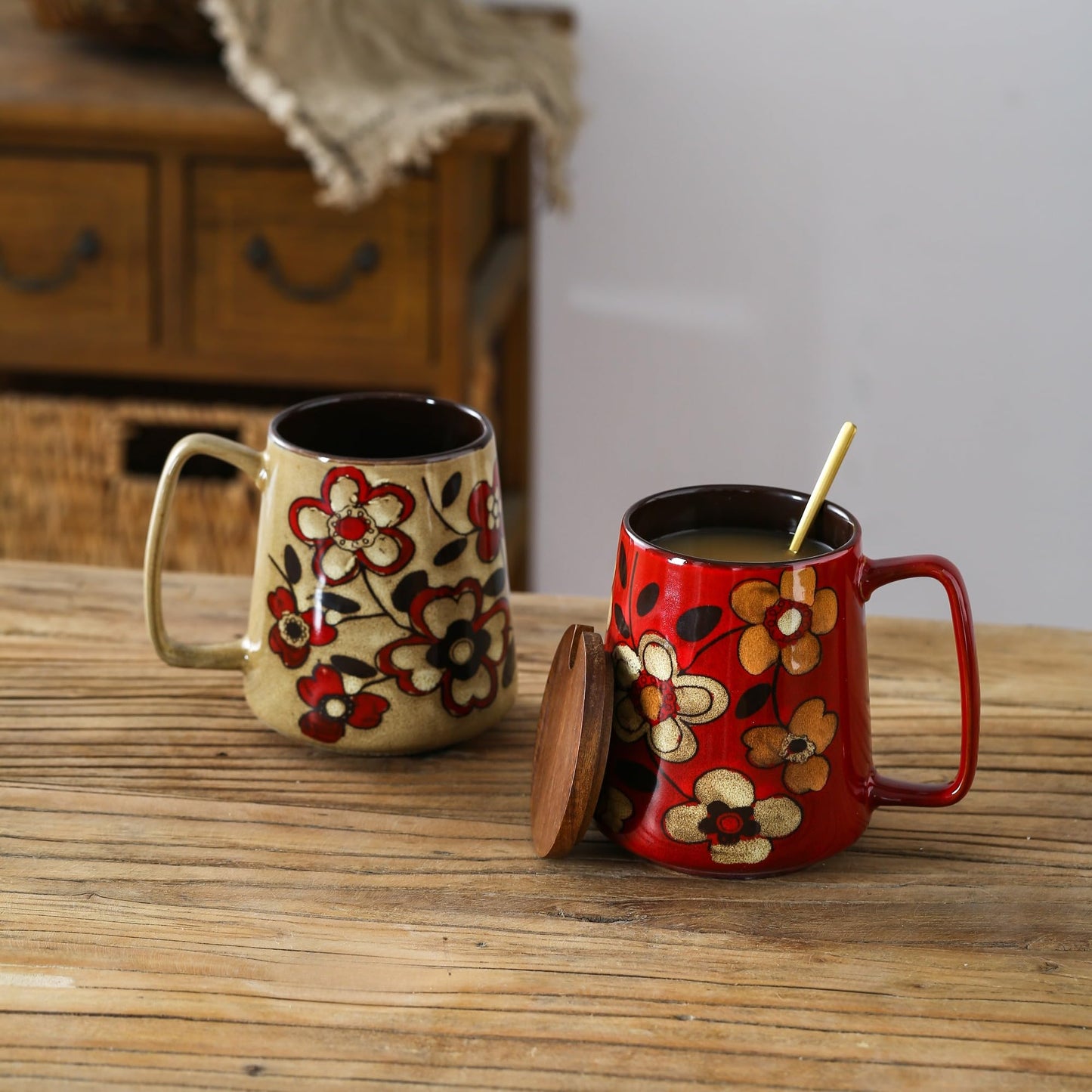 DRNKNSTX 24oz/710ml Large Ceramic Coffee Mug with Handle,Hand Painted Vintage Floral Big Coffee Cup,Tall Tea Cup for Office and Home,Extra Large Ceramic Coffee Mug,Microwave and Dishwasher Safe