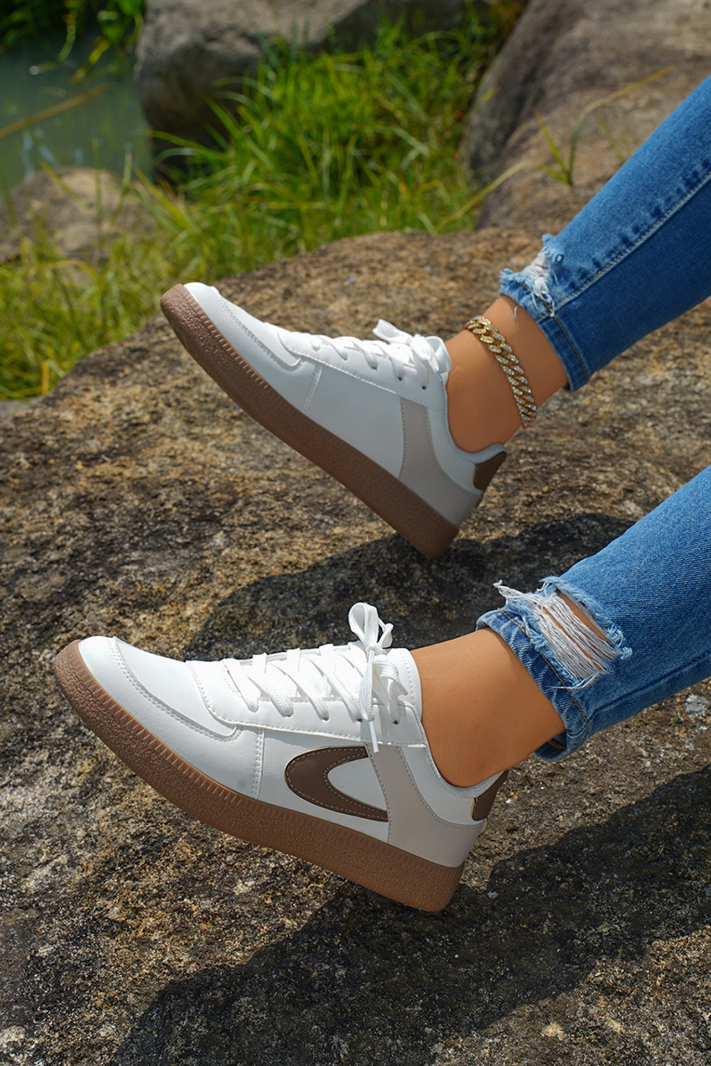 Navy Blue PU Leather Lace Up Sneakers