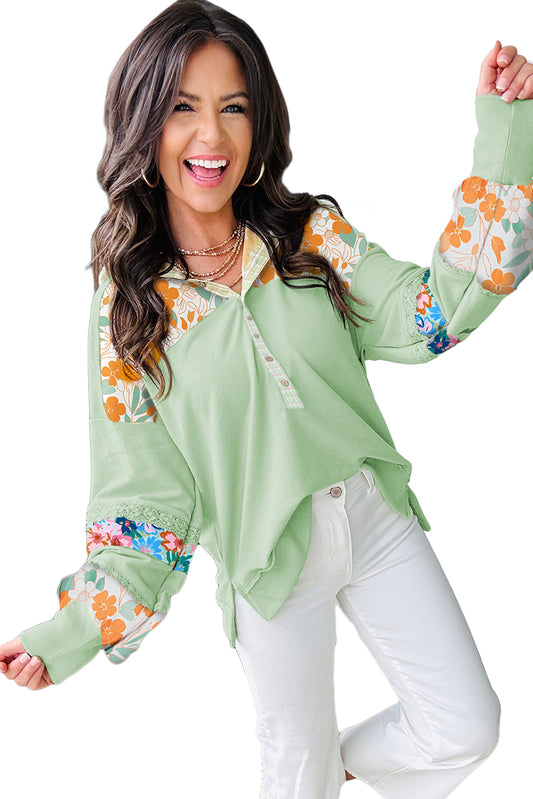 Clearly Aqua Lace Floral Patchwork Hooded Henley Top